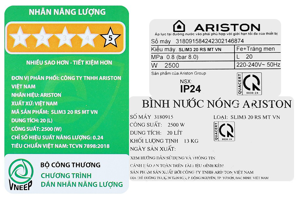 Bình nóng lạnh Ariston 20 lít SLIM3 20RS, 2 đèn