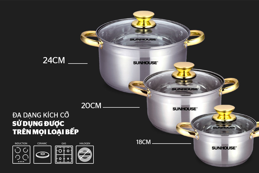Bộ nồi inox 5 đ&aacute;y SUNHOUSE SH781 05