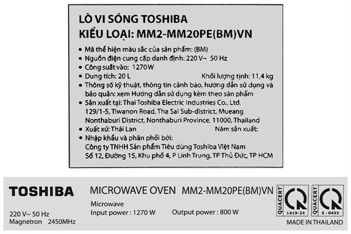 Lò vi sóng Toshiba 20 lít MM2-MM20PE(BM)VN, không nướng