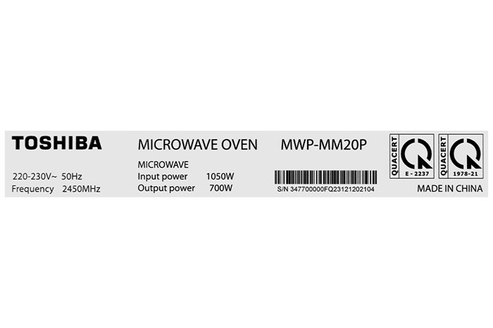 Lò vi sóng Toshiba 20 lít MWP-MM20P(WH), không nướng