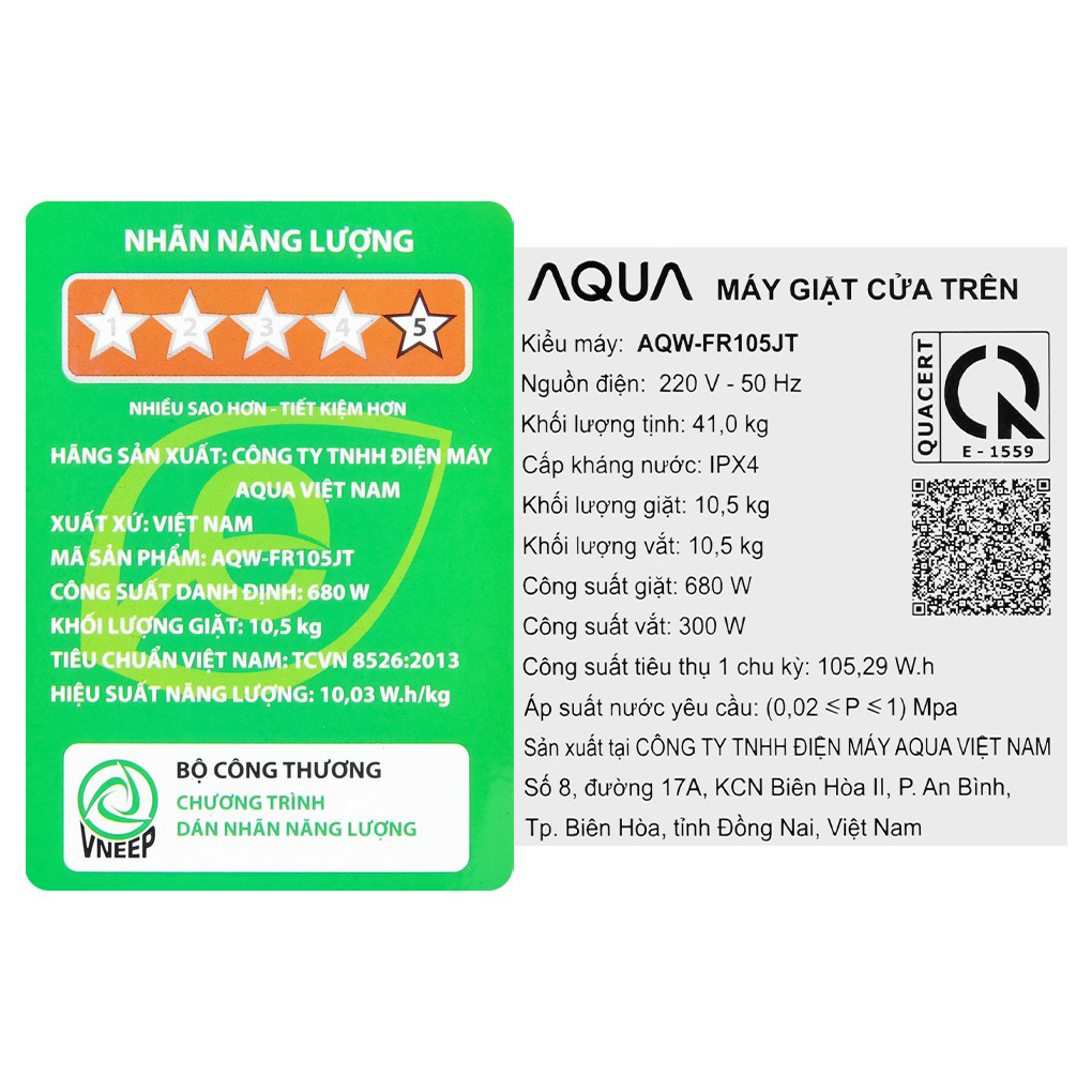 Máy giặt lồng đứng  Aqua 10.5kg AQW-FR105JT.BK