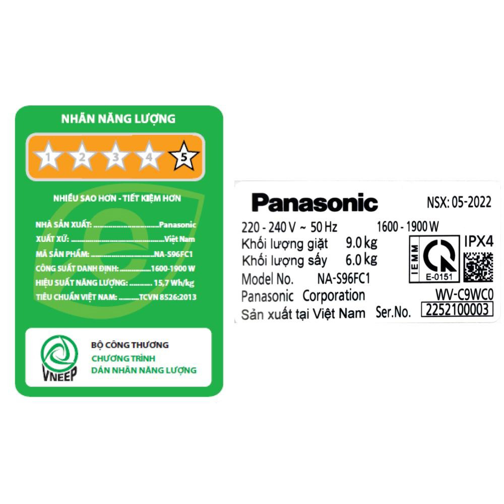 Máy giặt sấy Panasonic 9/6kg NA-S96FC1LVT