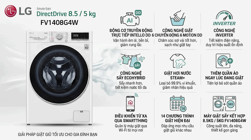 Tổng quan Máy giặt sấy LG Inverter giặt 8.5 kg - sấy 5 kg FV1408G4W