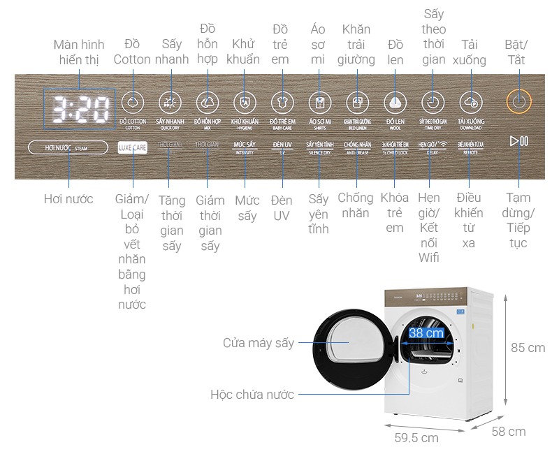 Máy sấy bơm nhiêt Toshiba 8kg TD-T37BS90HWV(WT)