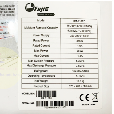 Máy hút ẩm 16L FujiE HM-916EC, phòng <30m2