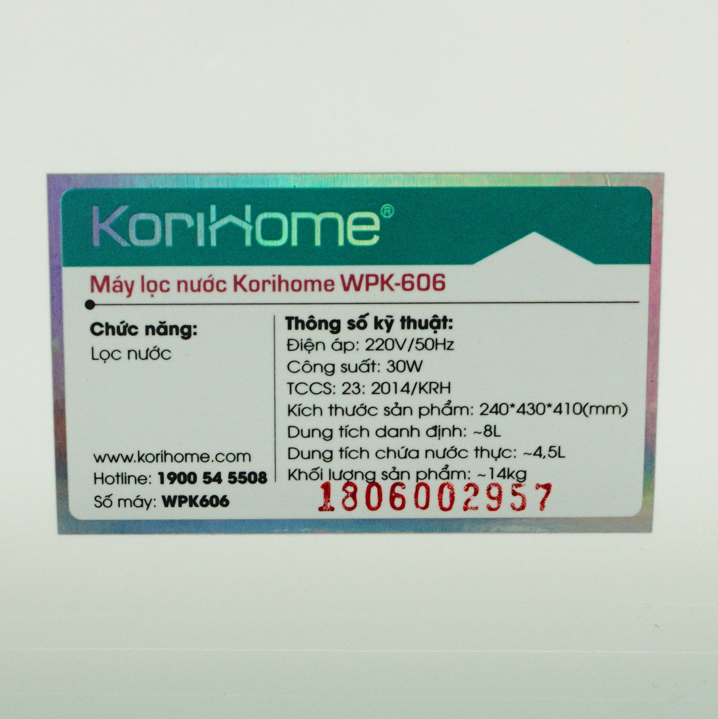 Máy lọc nước Korihome WPK-606 8 lõi lọc