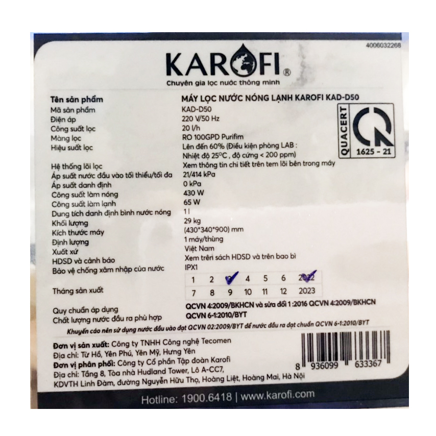 Máy lọc nước nóng lạnh Karofi KAD-D50