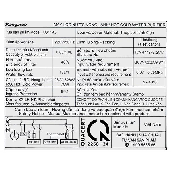 Máy lọc nước nóng, lạnh, Hydrogen RO Kangaroo KG11A3, 11 lõi lọc