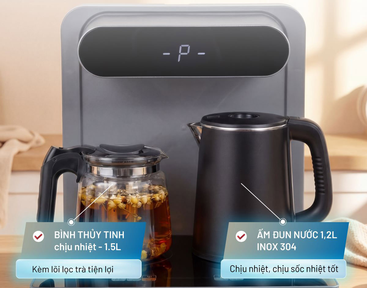 Phần bàn trà phía trên được trang bị hai vị trí đặt ấm chuyên biệt: