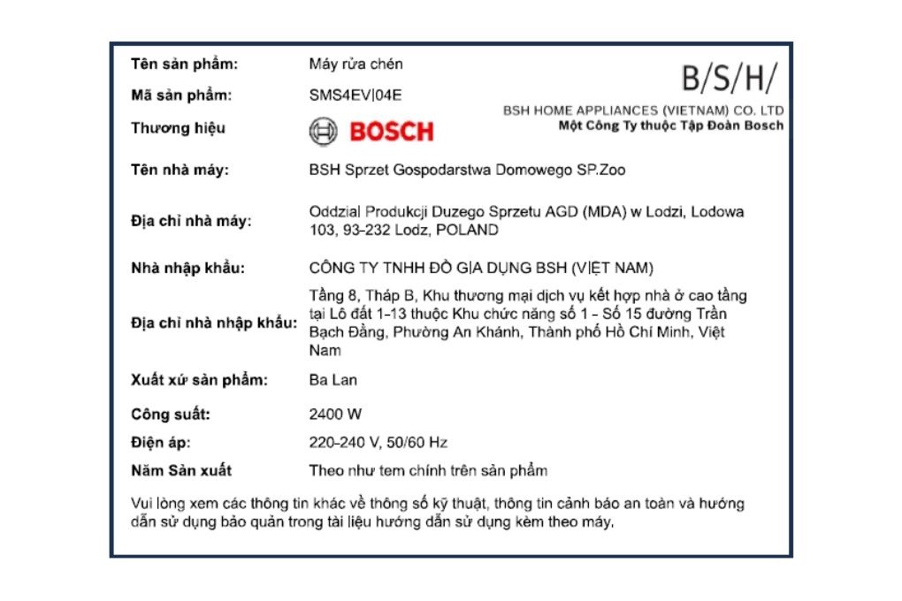 Máy rửa chén độc lập Bosch SMS4EVI04E - 13 Bộ Châu Âu