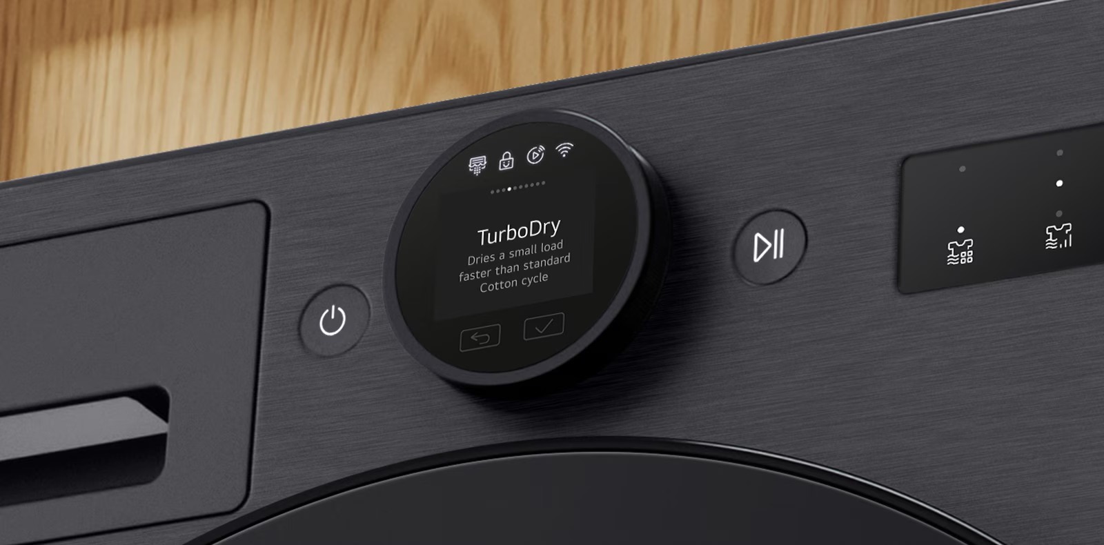 Bảng điều khiển máy sấy quần áo màu đen với màn hình hiển thị chế độ TurboDry
