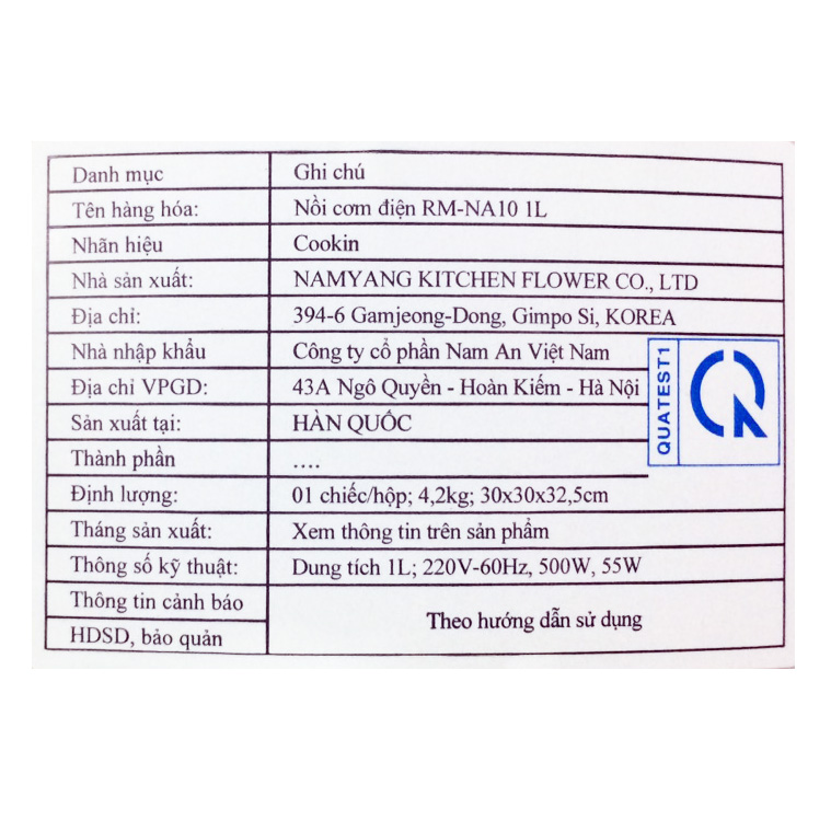 Nồi cơm điện Cookin RM-NA10 1.0L