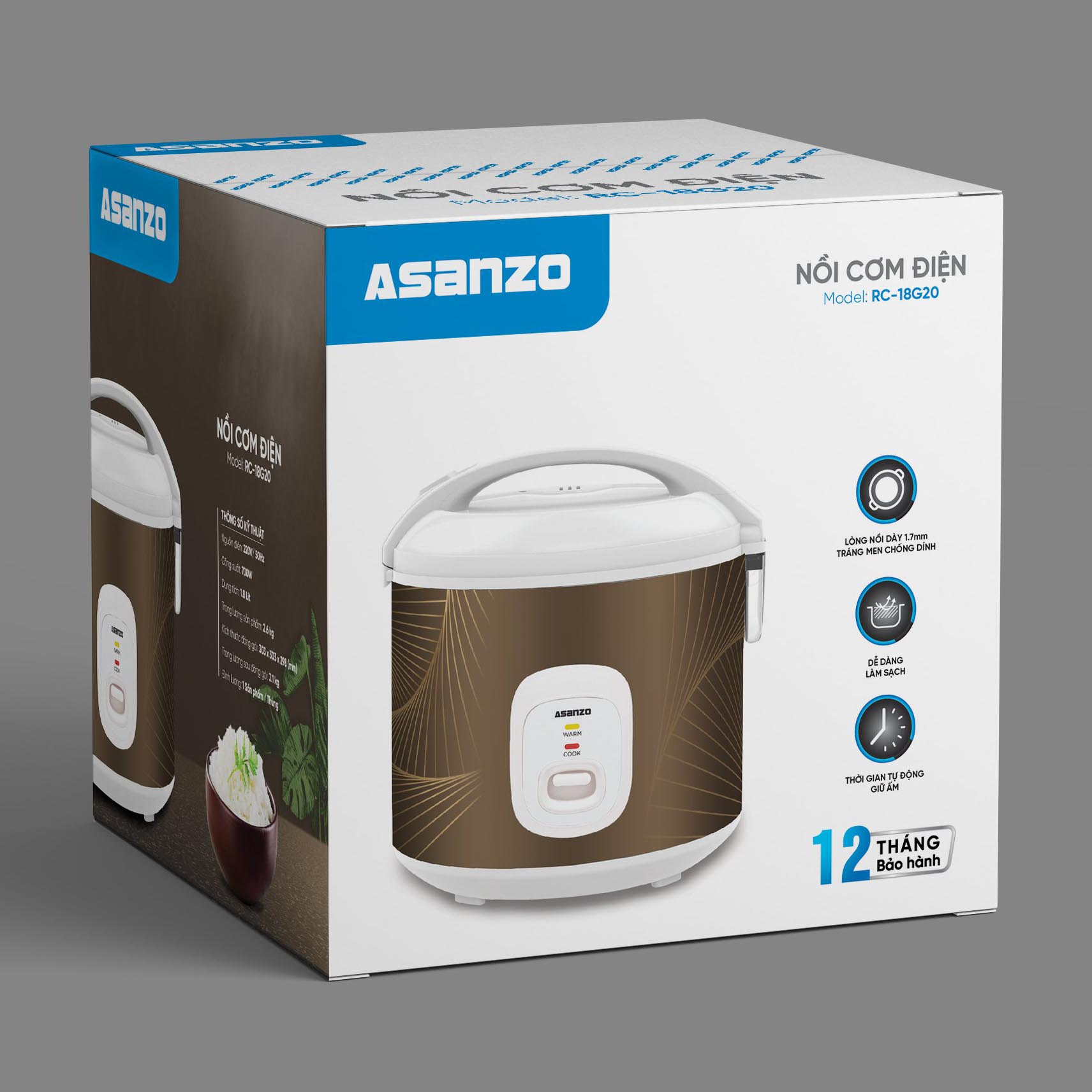 Nồi cơm điện 1.8 lít Asanzo RC-18G20