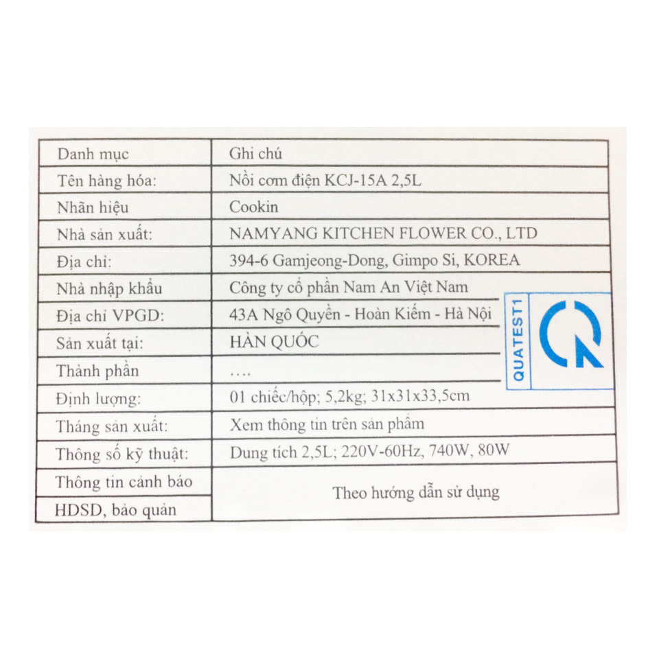 Nồi cơm điện 2.5 lít  Kitchenflower KCJ-15A