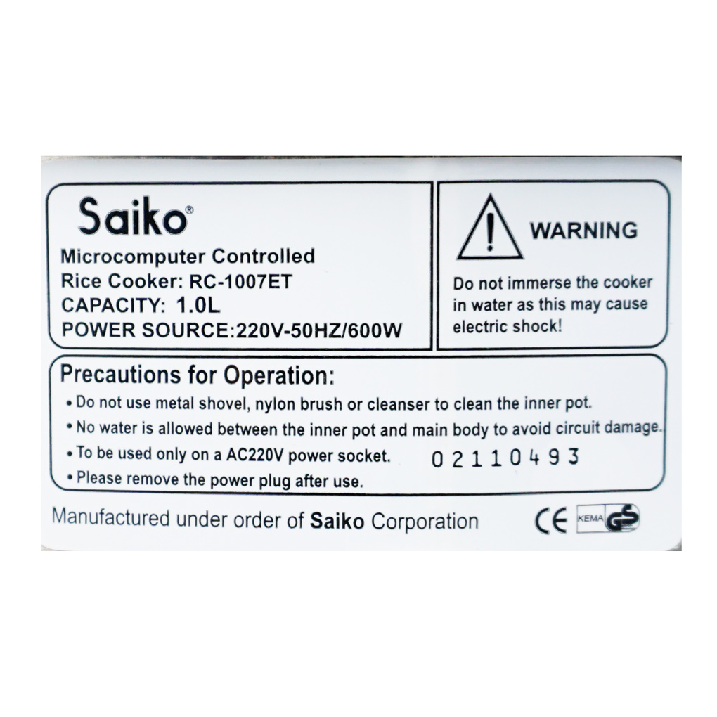 Nồi cơm điện tử 1 lít Saiko RC-1007ET