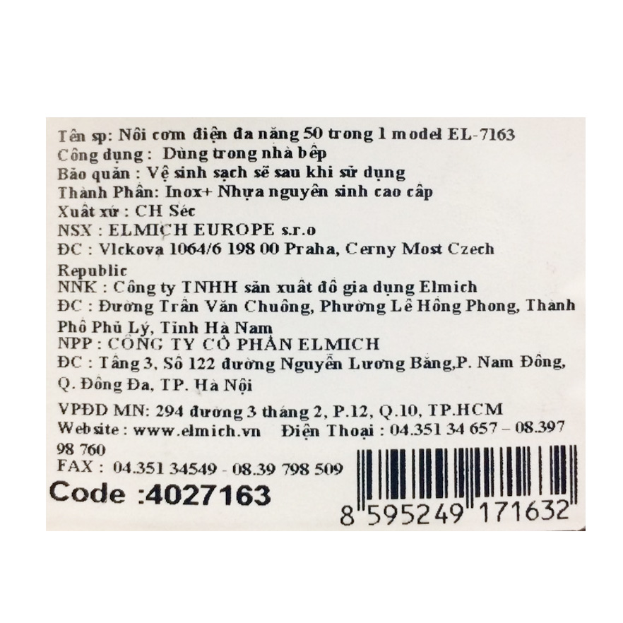 Nồi cơm điện tử 1.8 lít Elmich EL7163