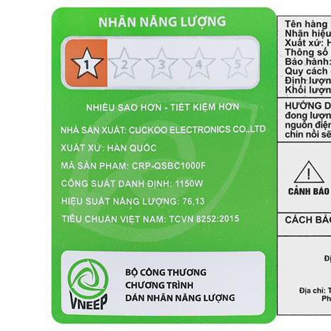 Nồi cơm điện tử áp suất Cuckoo 1.8 lít CRP-QSBC1000F