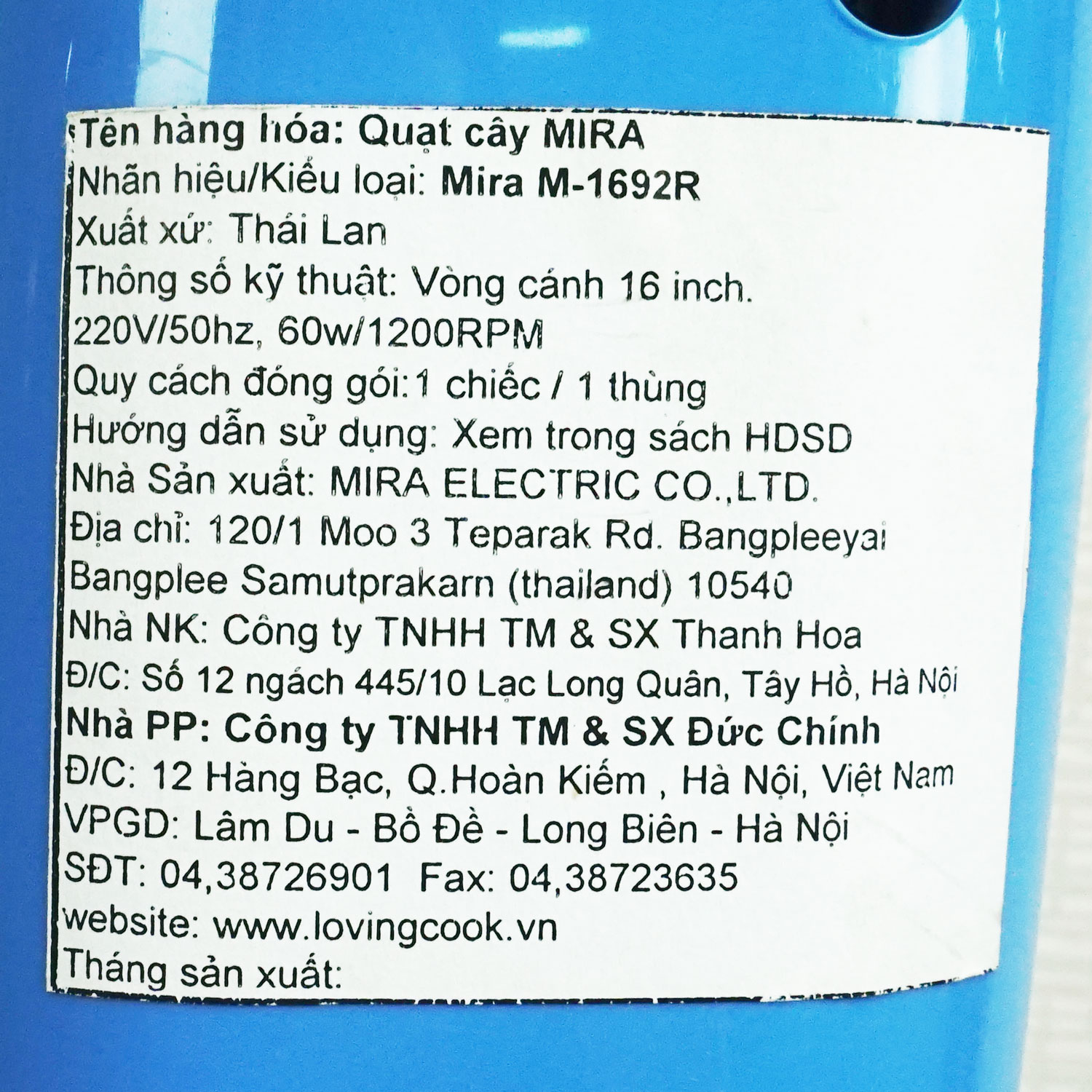 Quạt cây Mira M-1692R chính hãng Thái Lan
