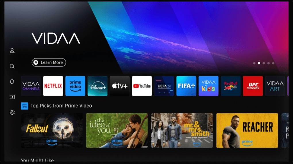Giao diện VIDAA trên TV thông minh với các ứng dụng Netflix, Prime Video, Disney+, YouTube và nội dung giải trí trực tuyến