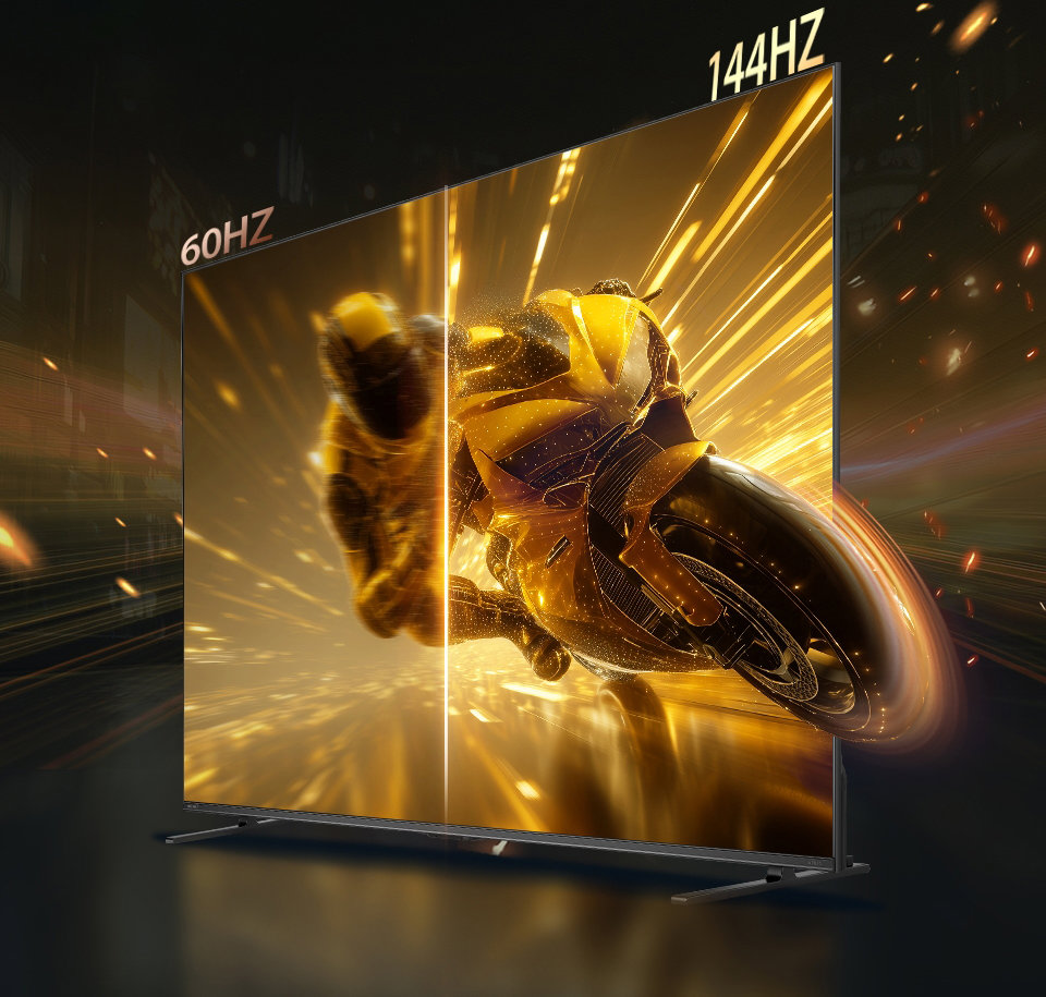 Tivi màn hình lớn hiển thị sự khác biệt giữa tần số quét 60Hz và 144Hz khi chơi game tốc độ cao