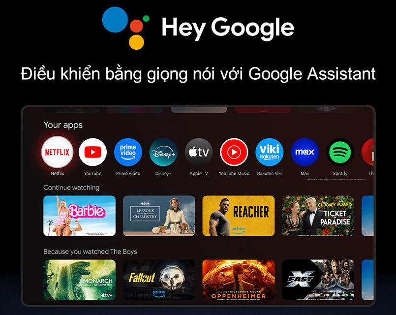 Giao diện Google TV trên màn hình tivi với các ứng dụng giải trí và điều khiển bằng Google Assistant