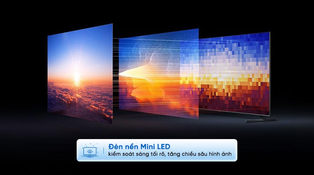 Tivi Mini LED hiển thị hình ảnh bình minh, minh họa khả năng kiểm soát sáng tối và tăng chiều sâu hình ảnh