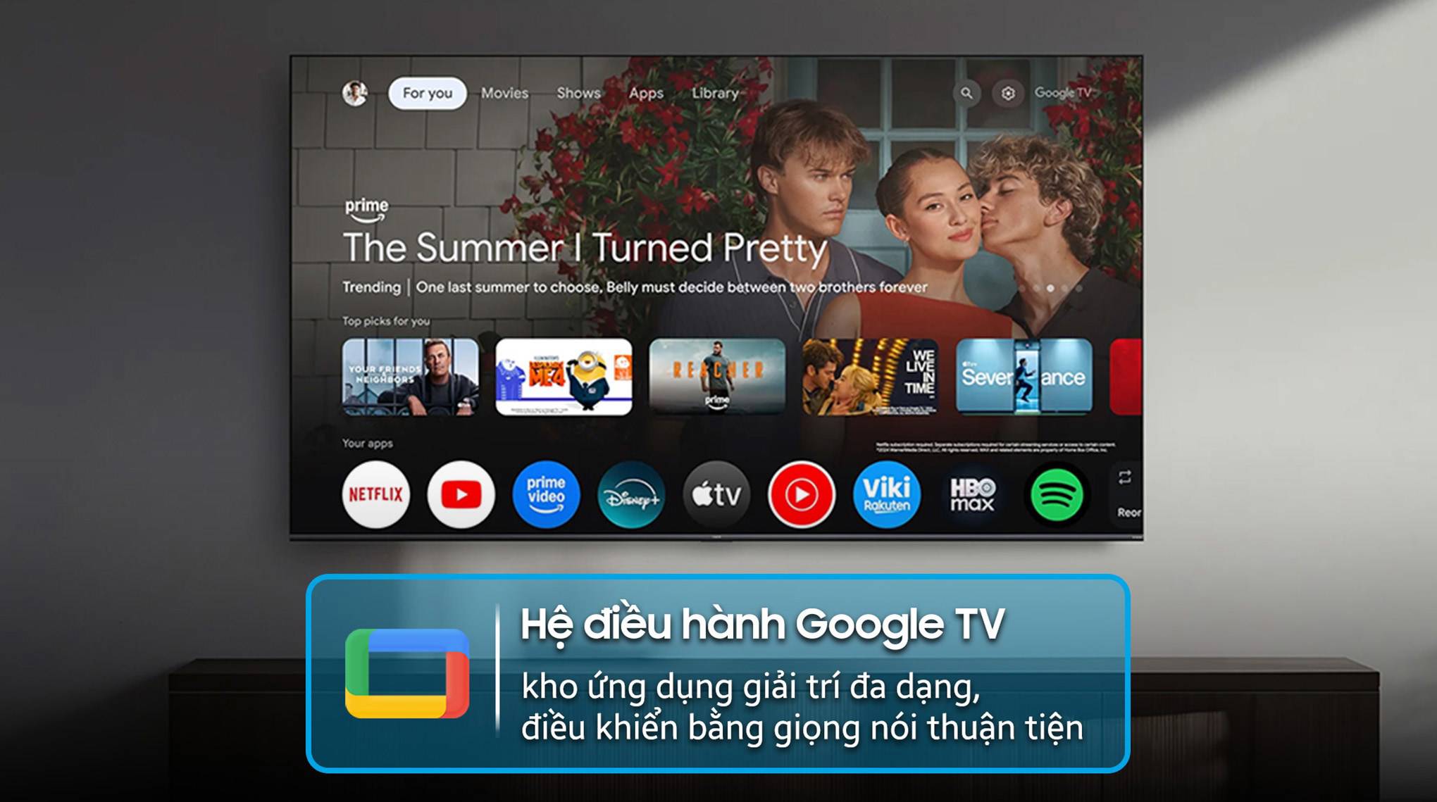 Tivi màn hình phẳng chạy Google TV với kho ứng dụng giải trí đa dạng và điều khiển bằng giọng nói tiện lợi