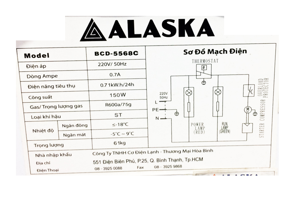 Tủ bảo quản Alaska 550 lít BCD-5568C, 2 ngăn đông mát