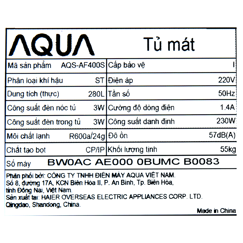 Tủ mát Aqua 1 cánh 300L AQS-AF400S