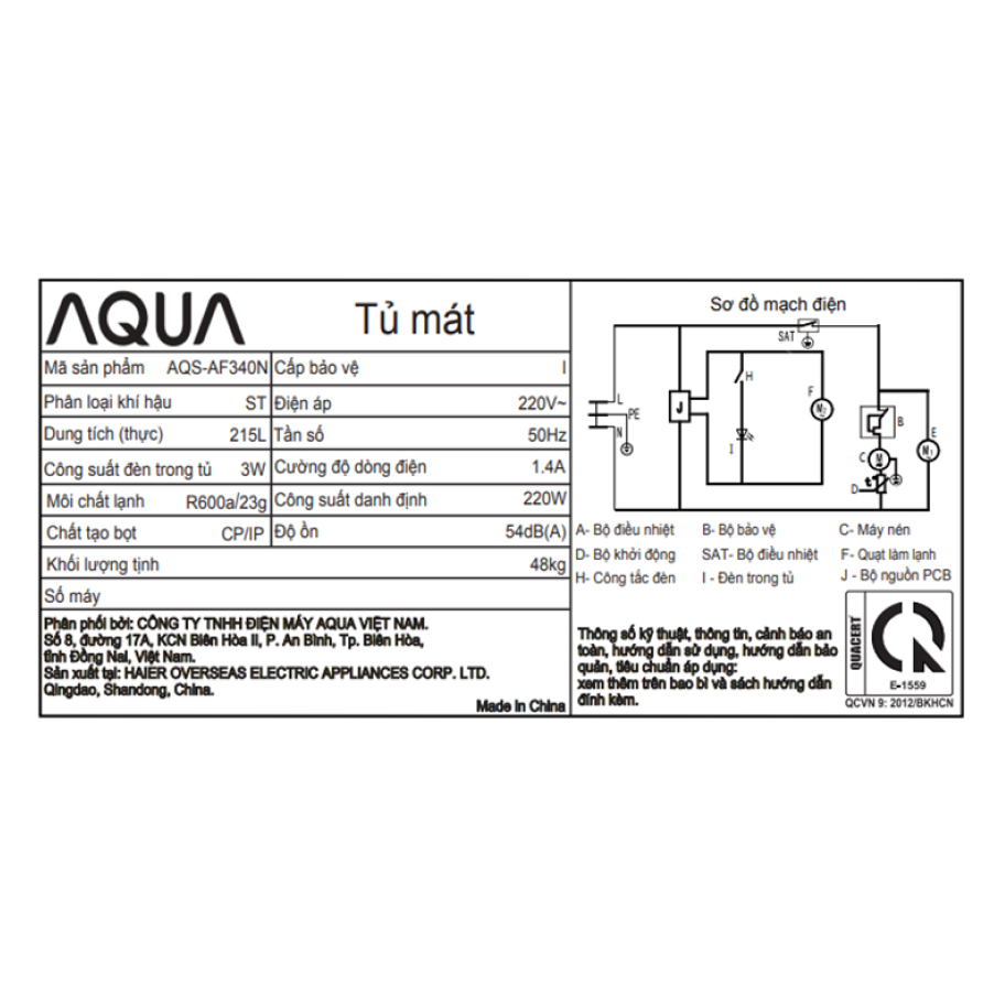 Tủ mát Aqua 1 cánh 215L AQS-AF340N