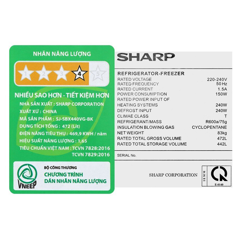 Tủ lạnh Sharp Inverter 442L SJ-SBX440VG-BK