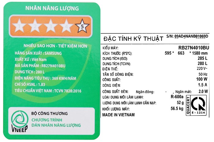 Tủ lạnh Samsung Inverter 280 lít RB27N4010BU