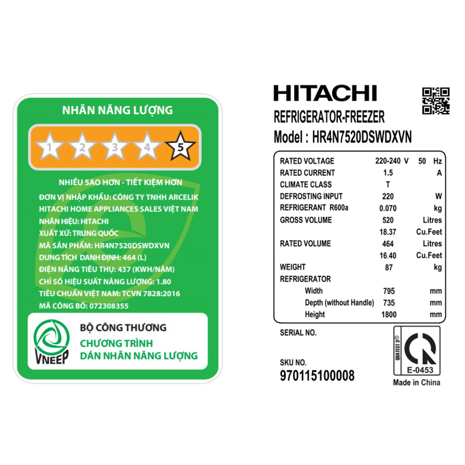 Tủ lạnh Hitachi inverter 464 lít HR4N7520DSWDXVN