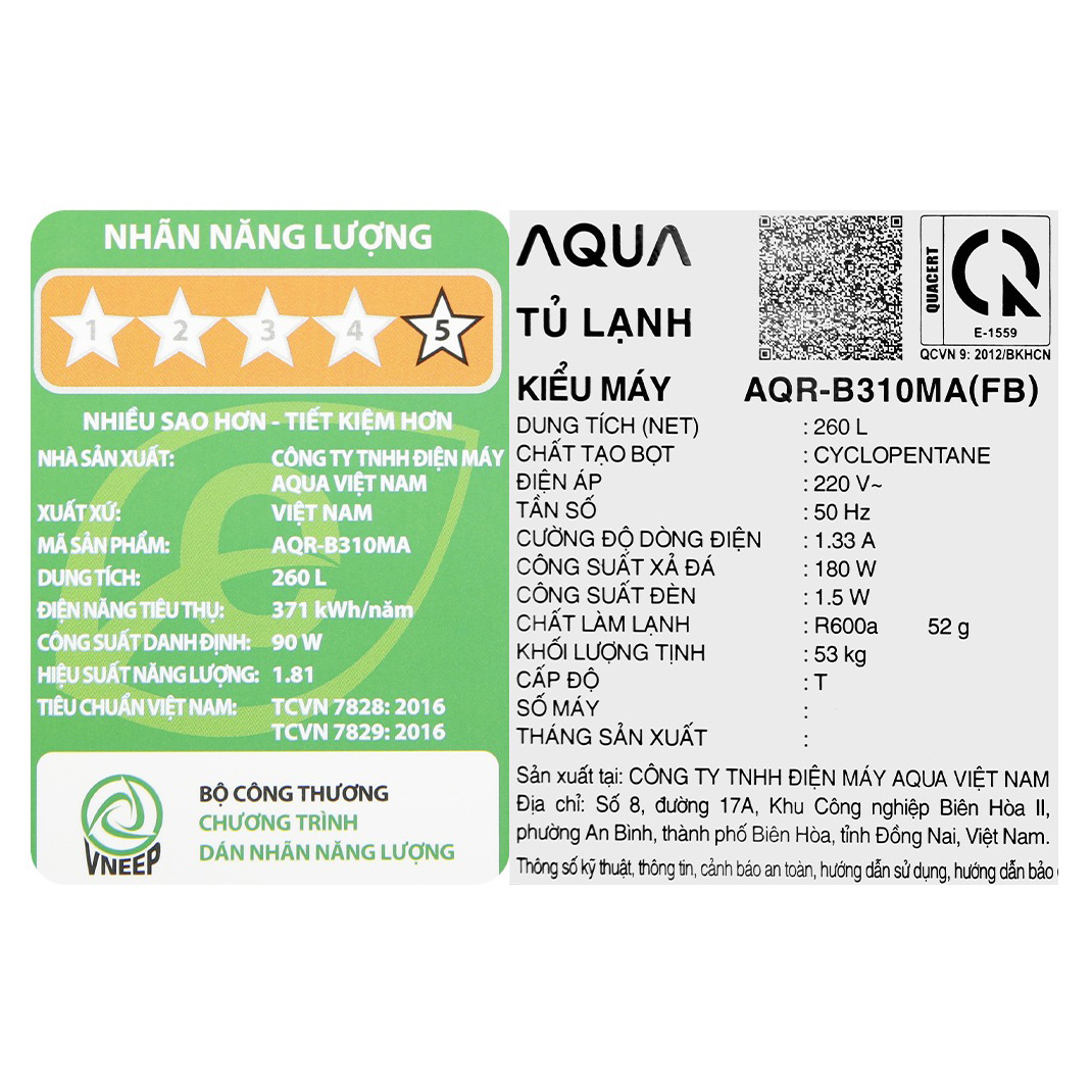 Tủ lạnh Aqua Inverter 260 lít AQR-B310MA(FB)