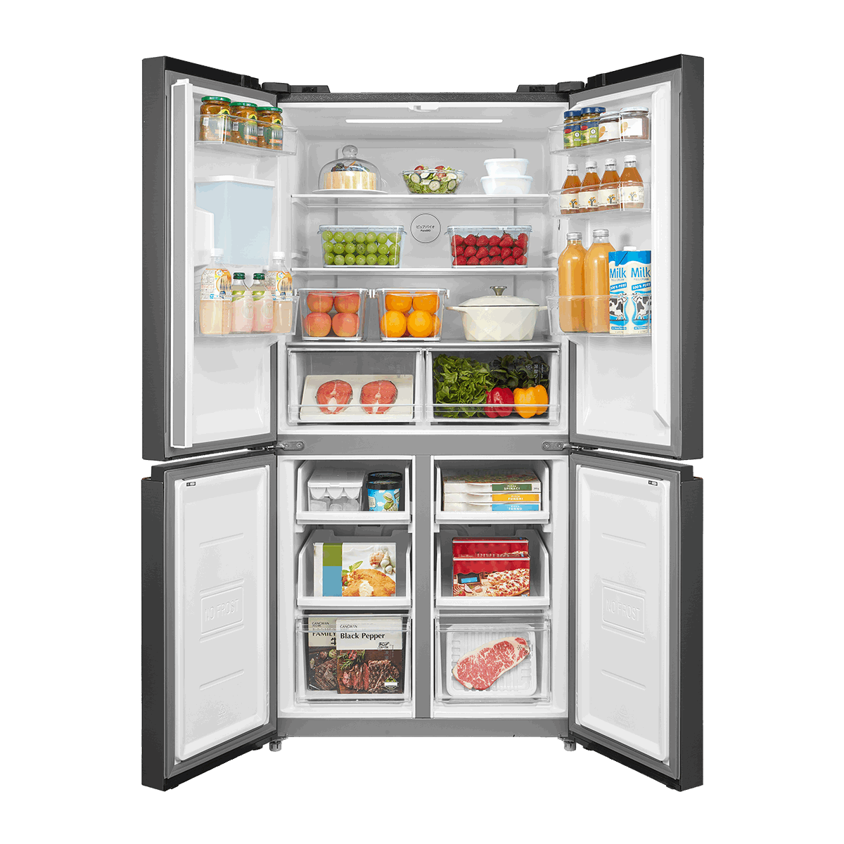Tủ lạnh nhiều cửa màu bạc mở rộng, bên trong chứa rau củ, trái cây, đồ uống và thực phẩm đông lạnh