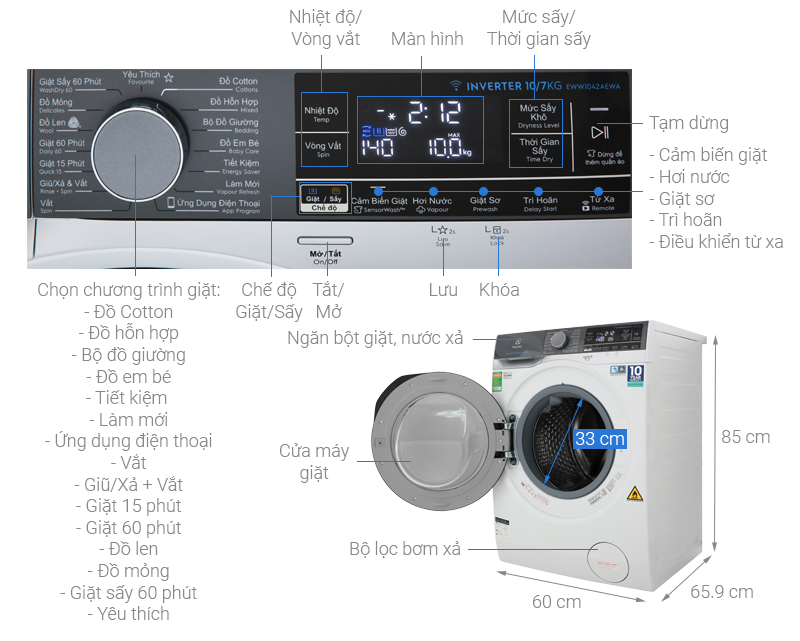 Thông số kỹ thuật máy giặt Electrolux 10kg EWW1042EAWA