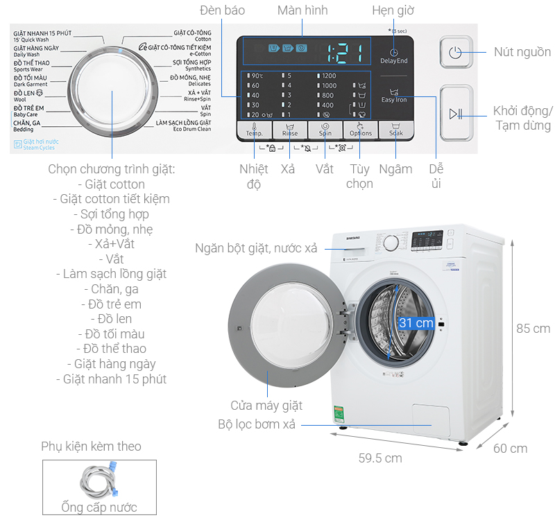 Bảng điều khiển và thông số máy giặt Samsung WW80J52G0KW/SV